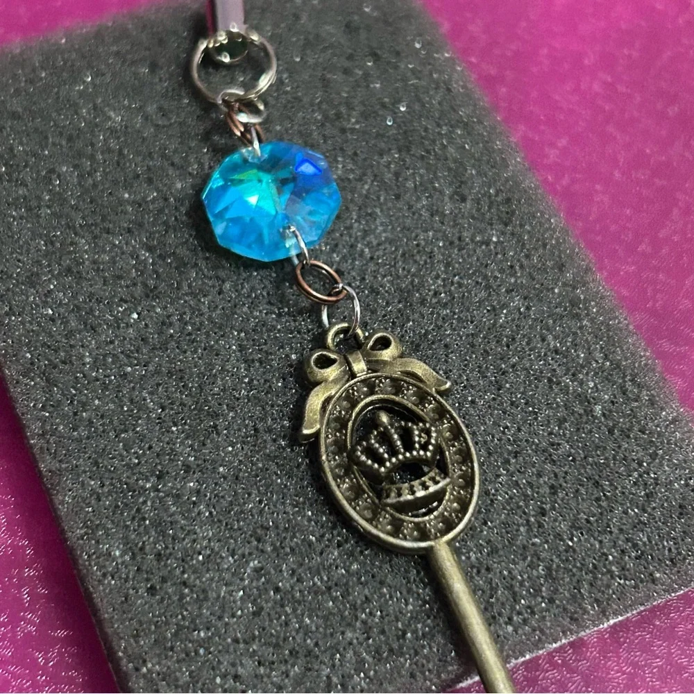 Keychain Crown Hair-bow Metal Key Blue Crystal Bead Bag or Cellphone Charm
